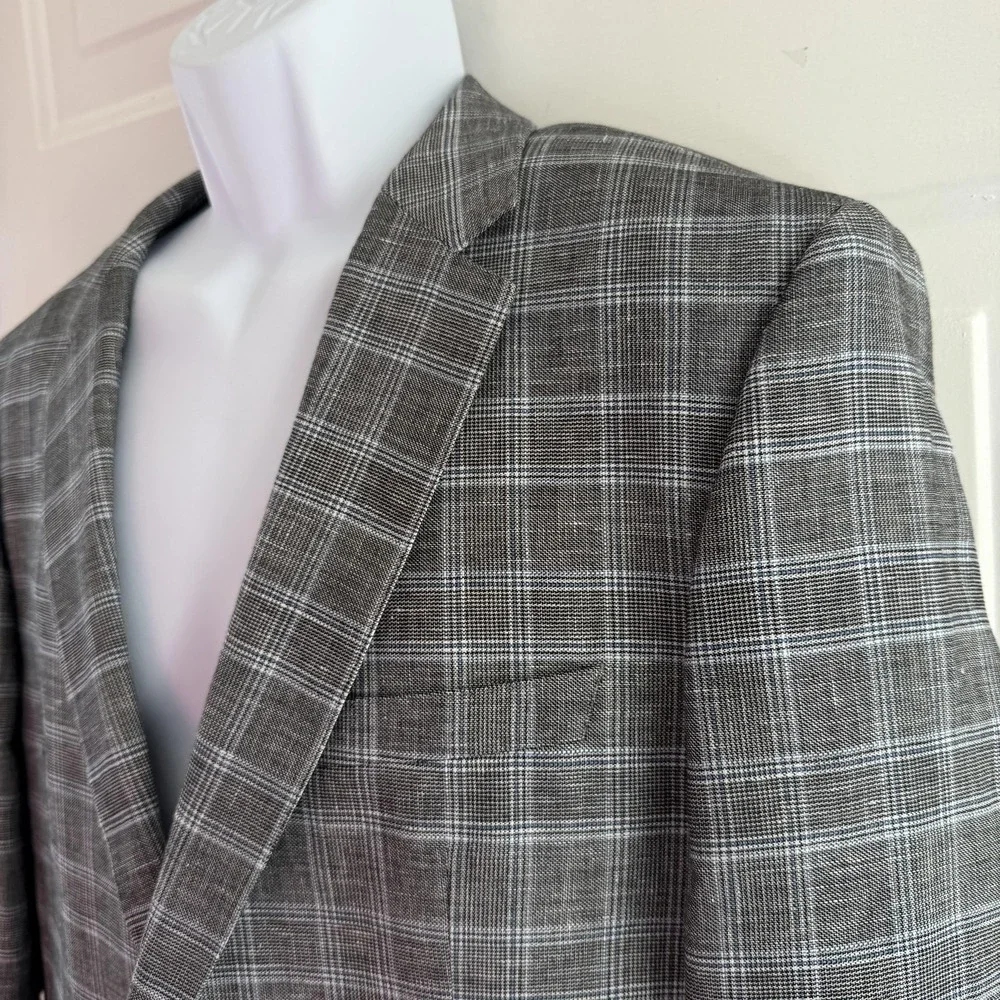 Hugo Boss Sport Coat Mens 44R Gray Plaid Cotton Linen James 4 Blazer 2 Button